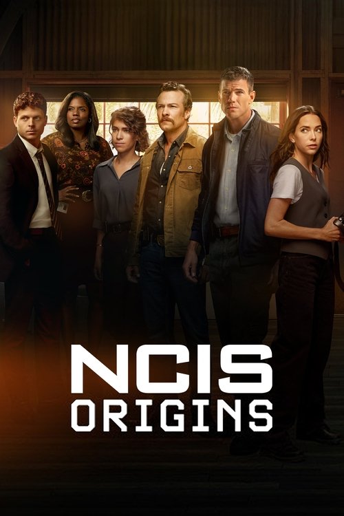 The poster features a group of six characters standing in dimly lit, moody lighting, suggesting an intense and serious atmosphere. The warm, golden tones of the background contrast with the cool, dark shadows, creating a dramatic and suspenseful mood. The title "NCIS ORIGINS" is prominently displ...
