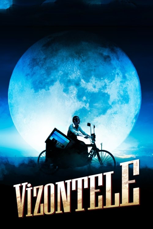 The poster features a silhouette of a man riding a bicycle against a massive, glowing blue moon. The dark blue sky and moon create a mysterious, nocturnal mood. The title "Vizontele" is prominently displayed in bold, golden letters at the bottom.