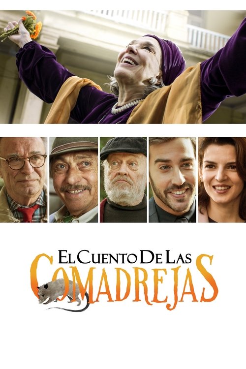 The poster features a joyful woman in purple and yellow, with a group of smiling men below. The warm colors and happy expressions convey a lighthearted and comedic tone.