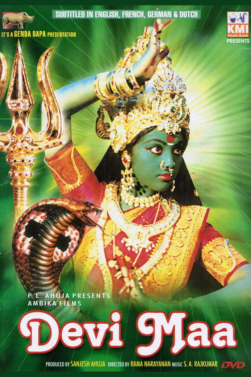 The poster features a vibrant green background with a central figure of a woman in traditional attire, adorned with intricate jewelry and a crown, holding a golden trident. The title "Devi Maa" is prominently displayed in bold red letters. The overall design exudes a mystical and regal atmosphere...
