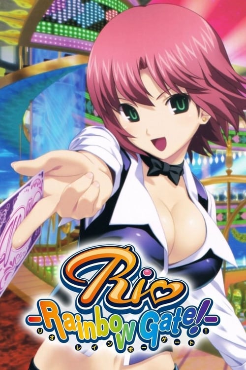 The poster features a vibrant anime-style character with pink hair and green eyes, exuding confidence and energy. The colorful background hints at a lively setting, possibly a carnival or amusement park, with bright hues like purple, blue, and yellow. The title "Rio: Rainbow Gate!" is prominently...