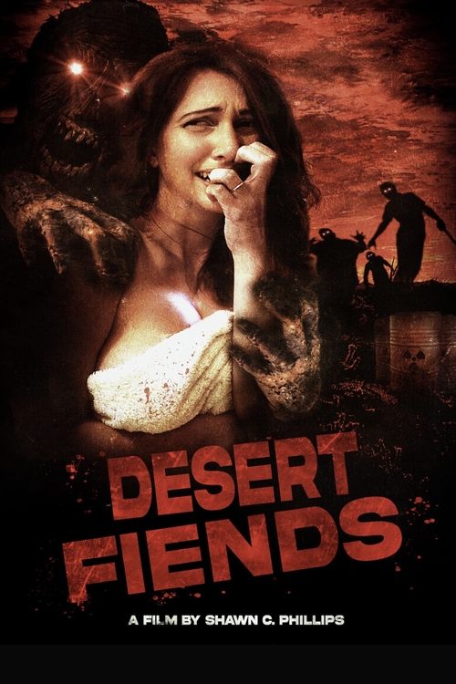 The poster features a woman in a white dress holding a microphone against a dramatic sunset backdrop, evoking a mysterious and intense atmosphere. The title "Desert Fiends" is prominently displayed in bold red letters, suggesting a horror or thriller genre.