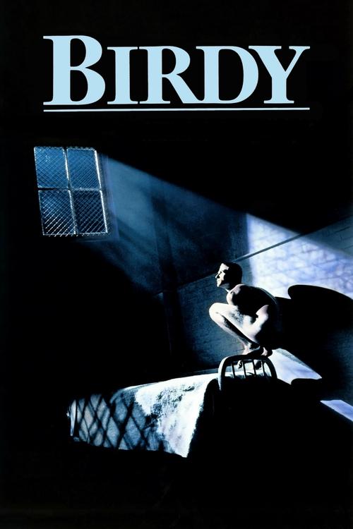 The poster features a dark, moody scene with a silhouette of a person sitting on a bed, bathed in dramatic blue light. The title "BIRDY" is prominently displayed in bold, white letters at the top. The overall atmosphere is eerie and suspenseful, evoking a sense of mystery and tension.