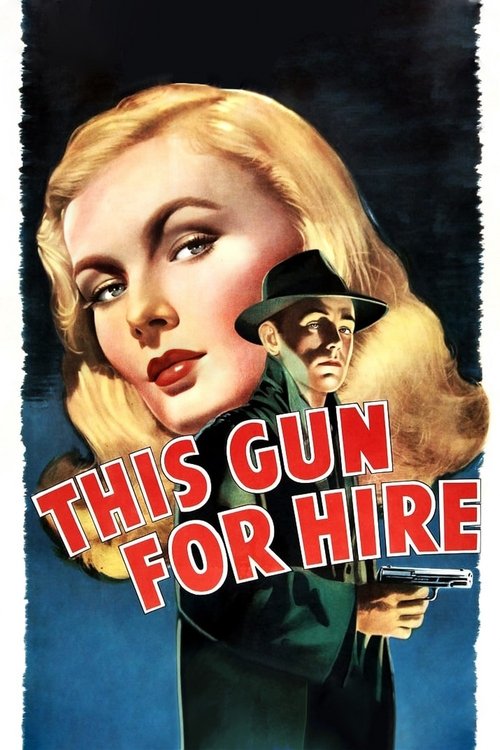 This vintage movie poster features a glamorous blonde woman with a mysterious, shadowed figure behind her, holding a gun. The bold red text "THIS GUN FOR HIRE" dominates the lower portion, evoking a noir atmosphere. The deep blue background and dramatic lighting enhance the film's suspenseful, cl...