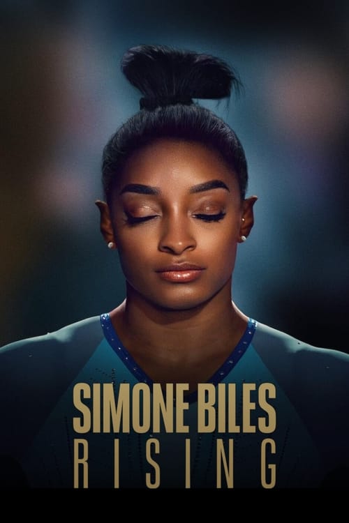 The poster features Simone Biles with her hair tied up, exuding confidence and determination. The dark background contrasts with the warm lighting, emphasizing her presence. The text "SIMONE BILES RISING" stands out in bold, white letters, conveying a sense of strength and aspiration.