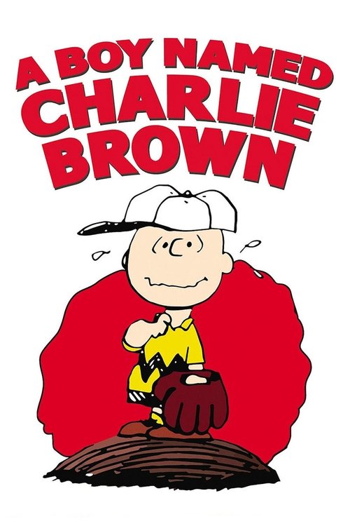 The poster features a cheerful cartoon boy in a red shirt and white hat, surrounded by a vibrant red background. The bold red text at the top reads "A BOY NAMED CHARLIE BROWN," creating a playful and inviting atmosphere. The overall design conveys warmth and nostalgia, capturing the essence of cl...