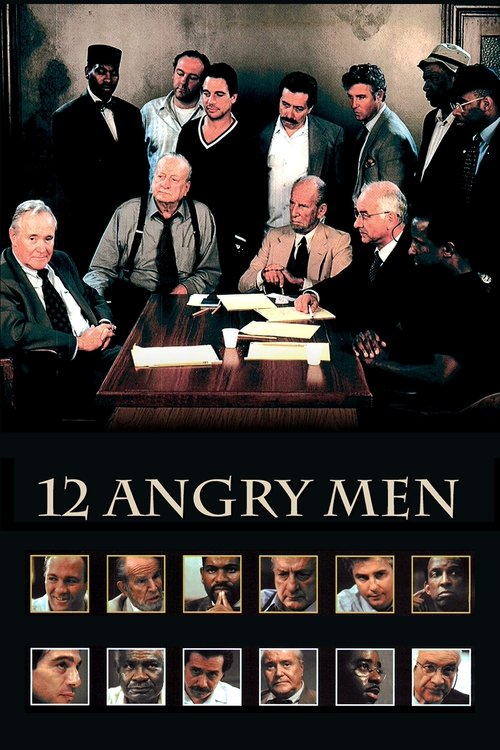 This movie poster features a dramatic scene with twelve men gathered around a table, their serious expressions and intense gazes conveying a sense of moral conflict. The dark, moody lighting and shadowy figures create a tense atmosphere, while the bold title "12 Angry Men" in gold lettering empha...