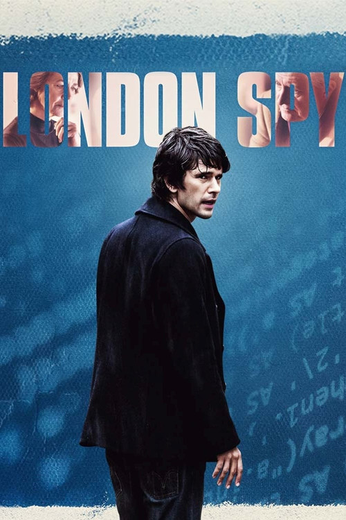 The poster features a man in a dark suit against a blue background with faint text. The mood is mysterious and intriguing, suggesting a spy thriller.
