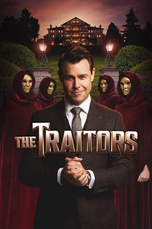 The poster features a man in a suit standing centrally, surrounded by six women in red hooded robes. The background shows a large, illuminated building at dusk, with warm lighting casting a dramatic glow. The overall mood is mysterious and suspenseful, hinting at a thriller or crime drama.