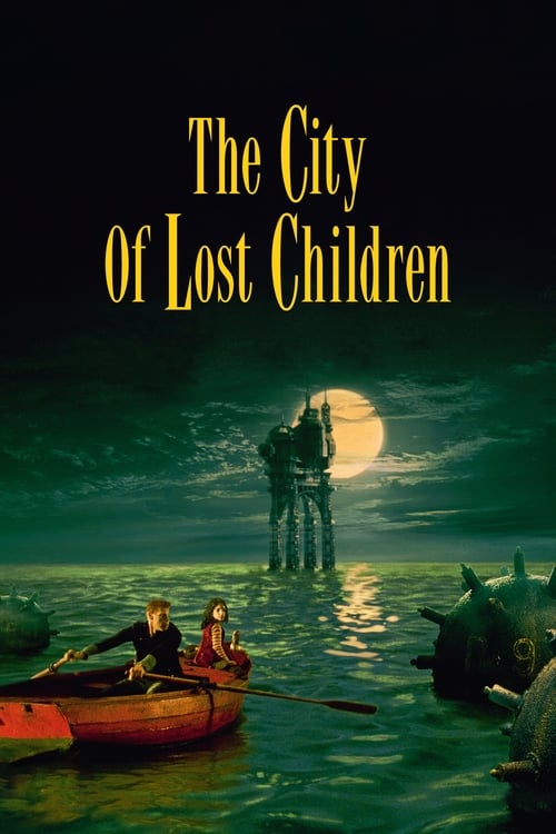 The poster depicts a mysterious city floating on a dark, greenish lake at night. Two children in a small boat row toward the city, while a large, shadowy figure stands in the water under a bright moon. The eerie, moody atmosphere suggests a tale of lost children and forgotten wonders.