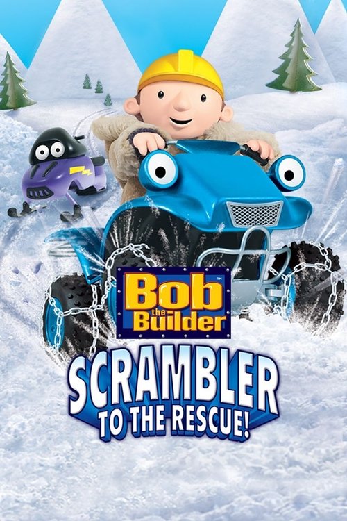 A cheerful boy in a yellow helmet rides a blue Scrambler ATV through a snowy landscape, accompanied by a friendly purple creature. The vibrant colors and playful atmosphere convey a lighthearted, adventurous mood.