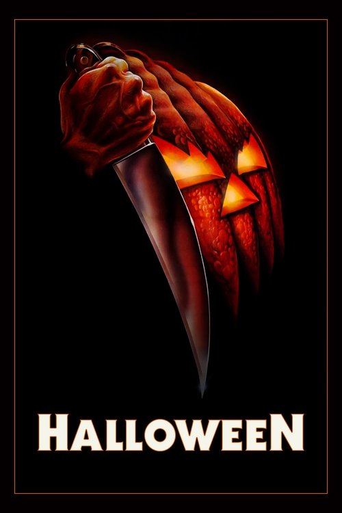 This Halloween poster features a menacing figure with glowing eyes and a carved pumpkin, set against a dark background. The word "HALLOWEEN" is prominently displayed at the bottom in bold white letters. The overall mood is eerie and spooky, evoking a classic horror theme.