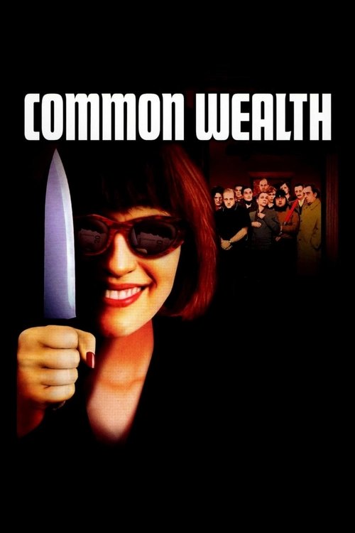 The poster features a glamorous woman in sunglasses holding a large knife, with a crowd in the background, suggesting a crime thriller. Dark tones and dramatic lighting create an ominous mood.