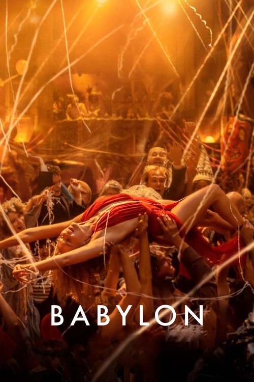 The poster depicts a chaotic scene of people in a crowded, fiery environment, suggesting a dystopian or dystopian future. The warm, golden hues dominate the image, creating a sense of urgency and danger. The title "BABYLON" is prominently displayed at the bottom, emphasizing the film's theme of a...