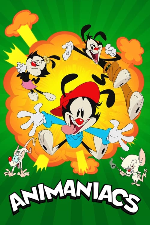 This vibrant poster features the iconic Animaniacs characters in dynamic poses against a bold green background. The playful, energetic mood is enhanced by the bright colors and expressive faces.