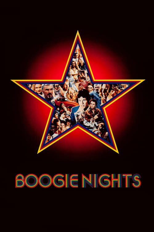 The poster features a vibrant red star filled with a collage of diverse characters, evoking a sense of chaotic energy and cultural diversity. The bold, orange text "BOOGIE NIGHTS" anchors the composition, suggesting a blend of artistic freedom and personal struggle. The dark background enhances t...