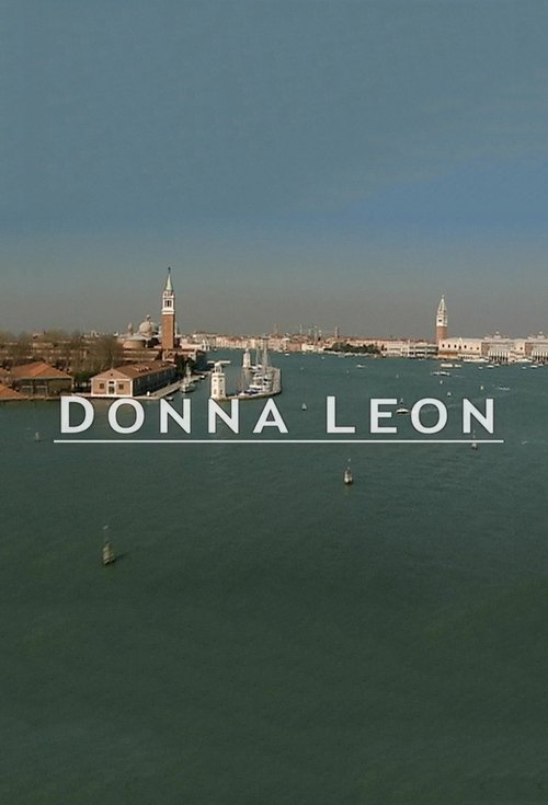 The serene waterfront scene features a calm, turquoise sea with distant buildings and a clear blue sky. The title "DONNA LEON" is prominently displayed in white text, evoking a sense of calm and timeless beauty.