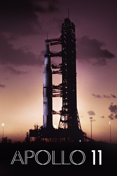 The poster features a towering rocket silhouetted against a twilight sky, evoking a sense of awe and mystery. The dark silhouette contrasts sharply with the warm hues of the sunset, creating a dramatic and cinematic atmosphere. The title "Apollo 11" is prominently displayed at the bottom, anchori...