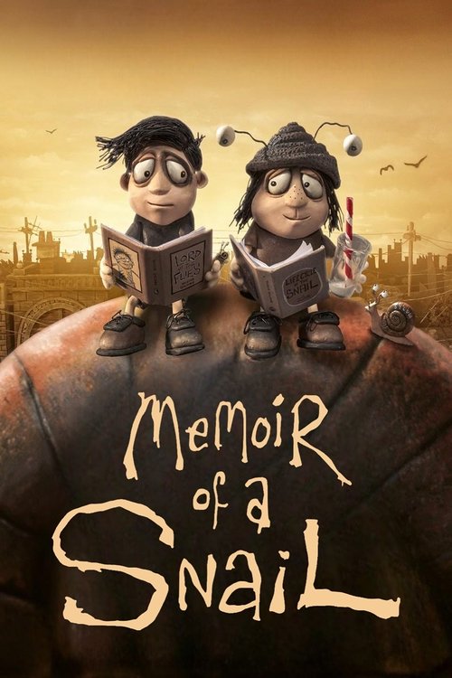 The poster features two animated snails reading books, set against a warm sunset sky with silhouettes of a city. The earthy tones and whimsical characters evoke a nostalgic, dreamlike mood.