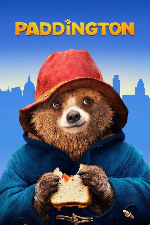 A charming teddy bear in a red hat and blue hoodie holds a sandwich, set against a blue sky with a city skyline silhouette. The playful mood and warm colors evoke a sense of whimsy and nostalgia.
