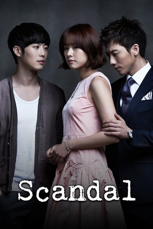 The poster features three characters in a dramatic pose, with the woman in the center holding the man's arm. The man on the left wears a casual outfit, while the man on the right is dressed formally. The woman is wearing a pink dress, and the man is in a dark suit. The mood is serious and intense...