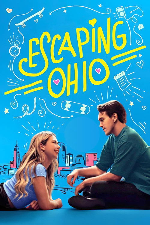 The poster features a vibrant blue background with the title "Escaping Ohio" in playful, colorful letters. A man and woman are seated on the ground, engaged in conversation, exuding warmth and connection. The scene captures a lighthearted, nostalgic mood, suggesting a story about finding joy and ...