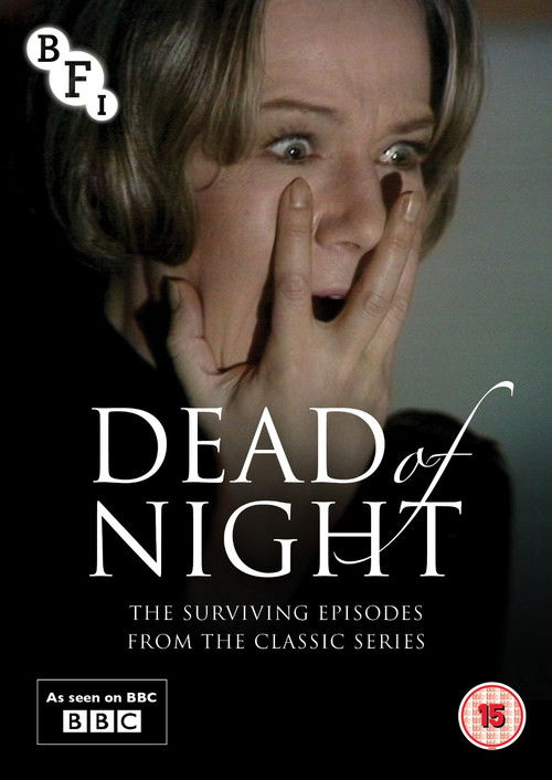 The poster features a woman with wide eyes and hands covering her mouth, conveying shock or fear. The dark background contrasts with the white text, creating a dramatic and intense mood. The title "Dead of Night" is prominently displayed, emphasizing the horror theme of the series.