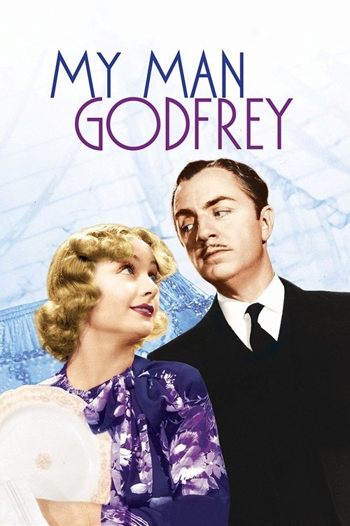 The poster features a glamorous blonde woman in a purple dress and a handsome man in a tuxedo, both looking at each other with an air of sophistication. The background is a soft blue with faint architectural details, suggesting a classic Hollywood setting. The title "My Man Godfrey" is prominentl...