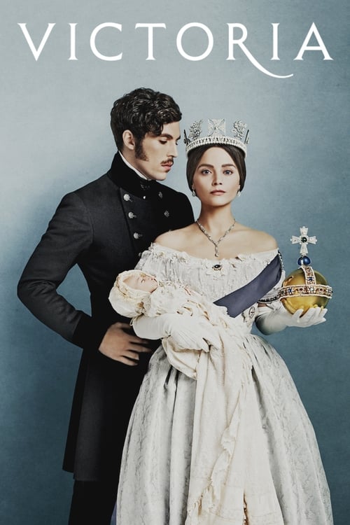The poster features a royal couple in period attire against a muted blue backdrop. The man wears a formal black suit with a crown, while the woman dons an elegant white gown with a tiara. Their poised expressions and regal poses convey a sense of timeless elegance and historical drama.