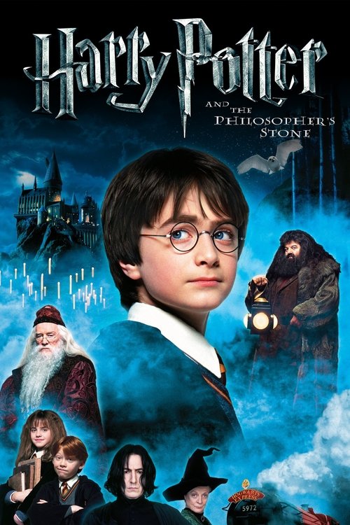The poster features a central image of Harry Potter, surrounded by other characters like Ron, Hermione, and Draco Malfoy. The background is filled with mystical elements like a castle, a phoenix, and glowing candles. The overall mood is dark and magical, with a dominant blue color scheme that enh...
