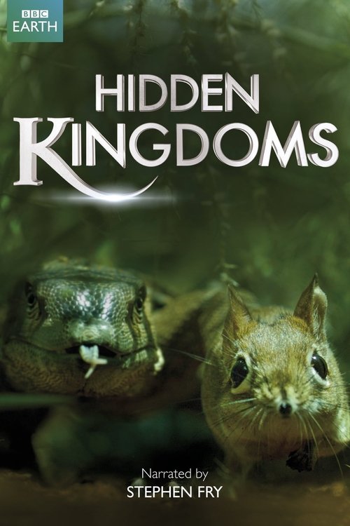 The poster features a mysterious, dark green background with two small, furry creatures peeking out from behind a mysterious, glowing light. The title "Hidden Kingdoms" is prominently displayed in white, with the word "EARTH" in a smaller font at the top left. The overall mood is mysterious and i...