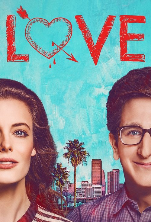 This TV show poster features a romantic couple with a vibrant blue sky and palm trees in the background, conveying a warm and inviting atmosphere. The bold red "LOVE" text anchors the design, emphasizing the show's central theme of affection.