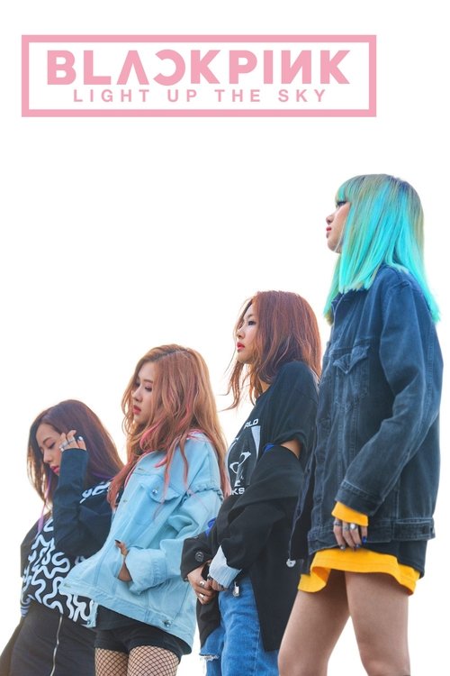 This movie poster features four members of BLACKPINK standing against a stark white background, exuding confidence and energy. Their vibrant outfits—blue denim jackets, bright yellow skirts, and colorful hair—create a striking visual contrast. The bold pink title "BLACKPINK: Light Up the Sky" dom...