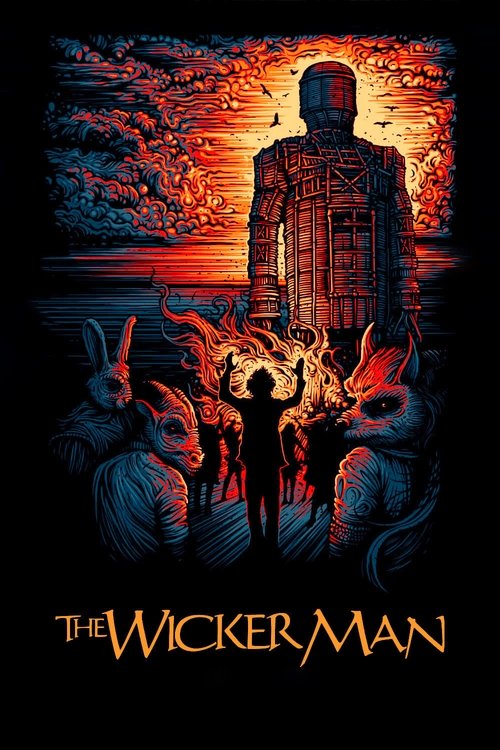 The Wicker Man poster features a mysterious figure in a wicker cage against a dramatic sunset sky, surrounded by shadowy figures and eerie creatures. The dark, moody atmosphere with ominous colors creates a suspenseful and foreboding mood.
