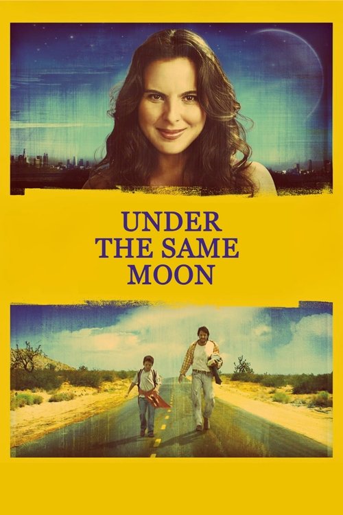 The poster features a woman with long dark hair against a starry night sky, evoking mystery and wonder. Below, two figures walk along a sunlit road, suggesting a journey through time or space. The vibrant yellow background contrasts with the cool blues and greens, creating a dreamlike atmosphere ...