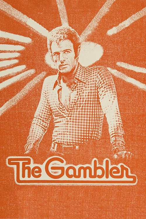 This vintage-style poster features a man in a plaid shirt against an orange background with radiating white lines, evoking a noir aesthetic. The title "The Gambler" is prominently displayed at the bottom, suggesting themes of wealth and risk. The overall mood is mysterious and dramatic, hinting a...
