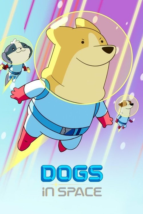 The poster features a cheerful cartoon dog in a blue spacesuit, soaring through a vibrant purple and blue cosmic background. A small astronaut and a tiny astronaut float nearby, adding to the space adventure theme. The playful, energetic mood is conveyed by the bright colors and dynamic compositi...