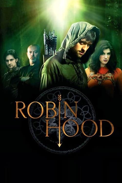 The poster features Robin Hood in a hooded cloak against a dark, mysterious background, surrounded by other characters in period attire. The colors are dominated by deep greens and blacks, with a glowing light source creating dramatic shadows. The title "Robin Hood" is prominently displayed in go...