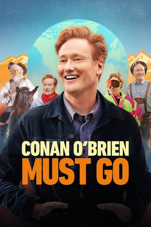 The poster features Conan O'Brien in a dark jacket against a backdrop of colorful characters, including a smiling woman and a child. The warm orange and blue tones evoke a playful, adventurous mood, suggesting a comedy show with a fun, energetic atmosphere.