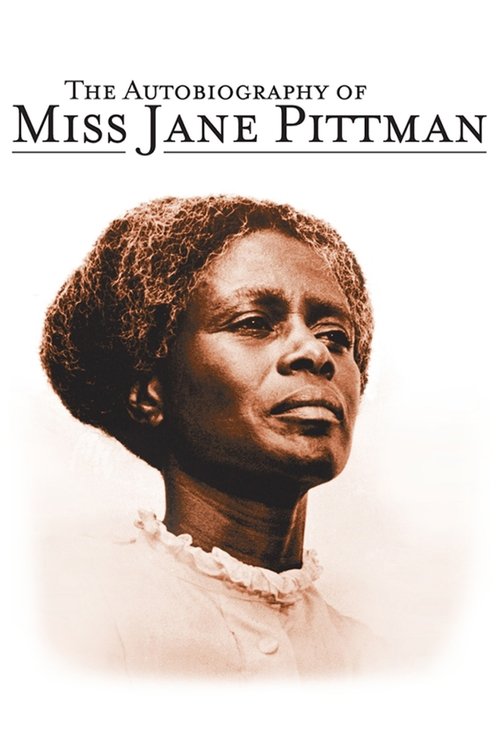The poster features a warm, sepia-toned portrait of Miss Jane Pittman against a soft off-white background. Her expression is serene and contemplative, evoking a sense of quiet dignity and historical significance. The muted color palette enhances the timeless and reflective mood of the image.