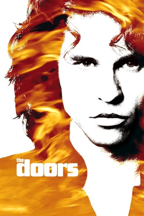 The poster features a striking portrait of a man with fiery red hair, set against a dark background. The bold, white text "The Doors" anchors the composition, evoking a sense of mystery and intensity.
