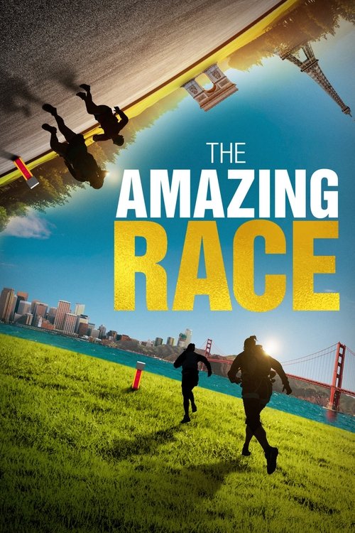 The poster features a dramatic sky with a clear blue horizon and a distant city skyline. Two runners in black run across a vibrant green field, while a third figure is suspended above them, adding a sense of mystery and adventure. The bold yellow text "THE AMAZING RACE" stands out against the col...