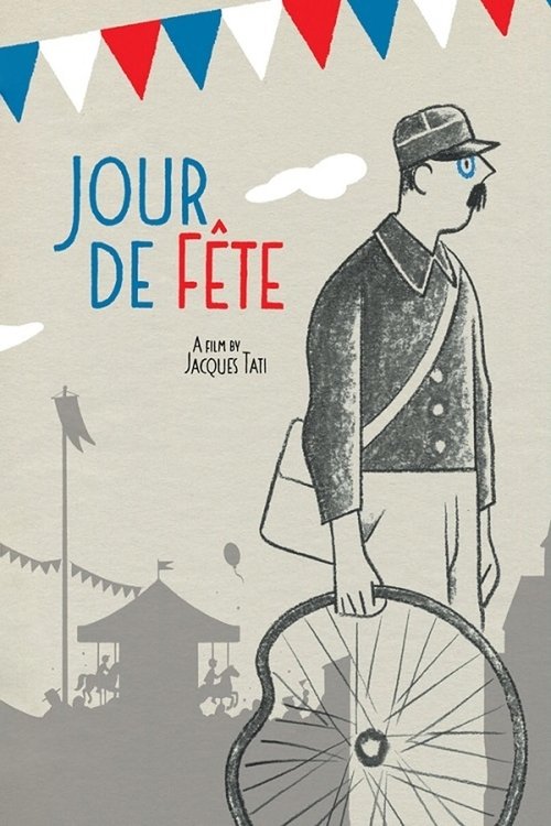 The poster features a man in a cap and hat, holding a bicycle wheel, against a backdrop of festive bunting and traditional village architecture. The muted color palette and nostalgic illustration evoke a sense of timeless charm and community spirit.