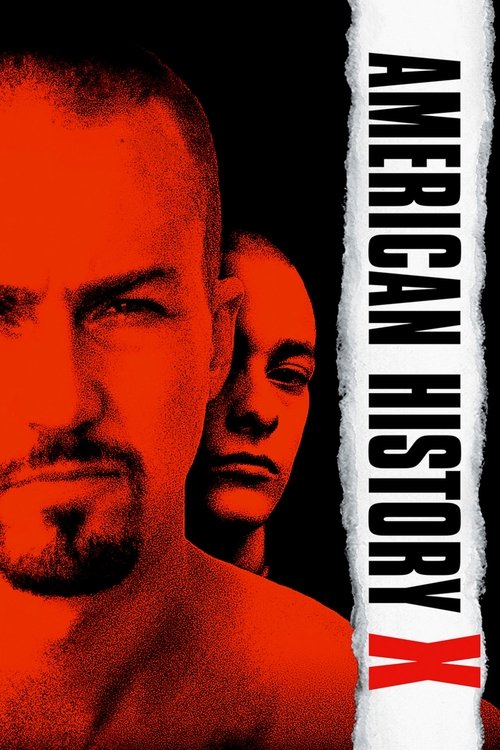 The poster features a man with a goatee and intense gaze against a stark red background, with a woman's face partially visible behind him. The bold, vertical text "AMERICAN HISTORY X" dominates the right side, emphasizing the film's gritty, historical tone. The overall atmosphere is dark and inte...