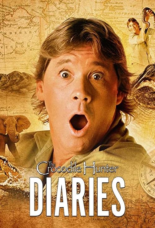 The poster features a shocked Crocodile Hunter with wide eyes, set against a warm, sepia-toned background. In the upper right, a young girl and a man in a suit are visible, suggesting adventure and mystery. The title "Diaries" is prominently displayed in bold white letters, conveying a sense of s...