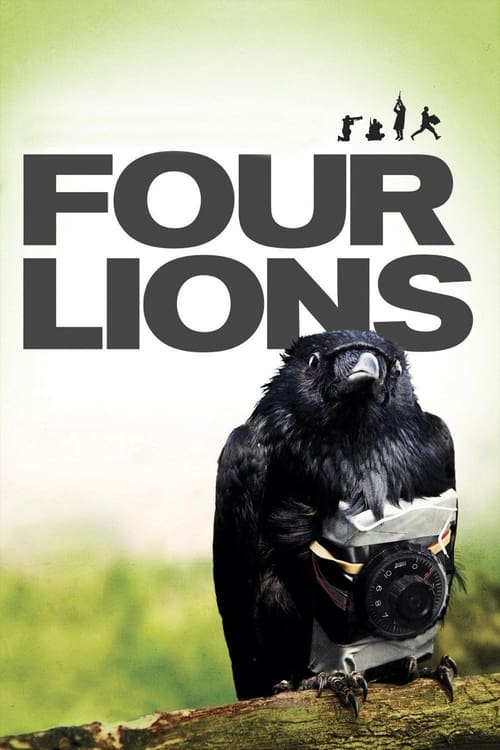 The poster features a majestic black lion with a camera, symbolizing the film's theme of wildlife observation. The title "FOUR LIONS" is prominently displayed in bold, dark letters against a soft green background. Silhouettes of four people are visible at the top, hinting at the documentary aspec...