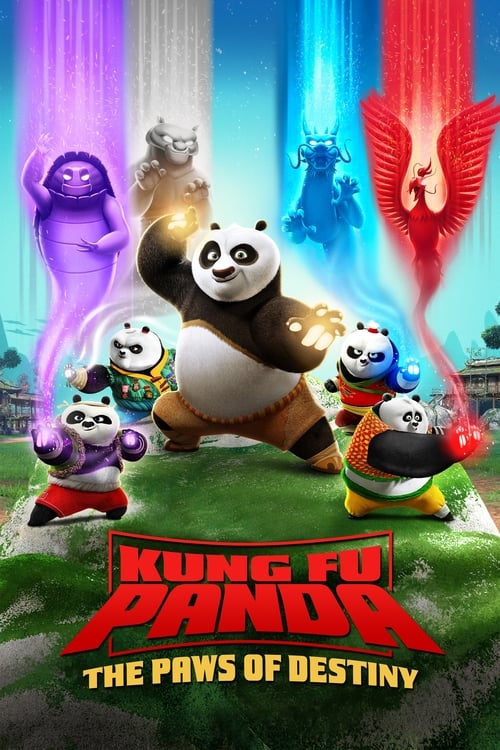 The poster features a vibrant scene with four anthropomorphic panda characters in dynamic poses, each surrounded by colorful energy blasts. The background showcases a mystical landscape with towering pillars and ethereal light effects, creating an adventurous and magical atmosphere. The bold red ...