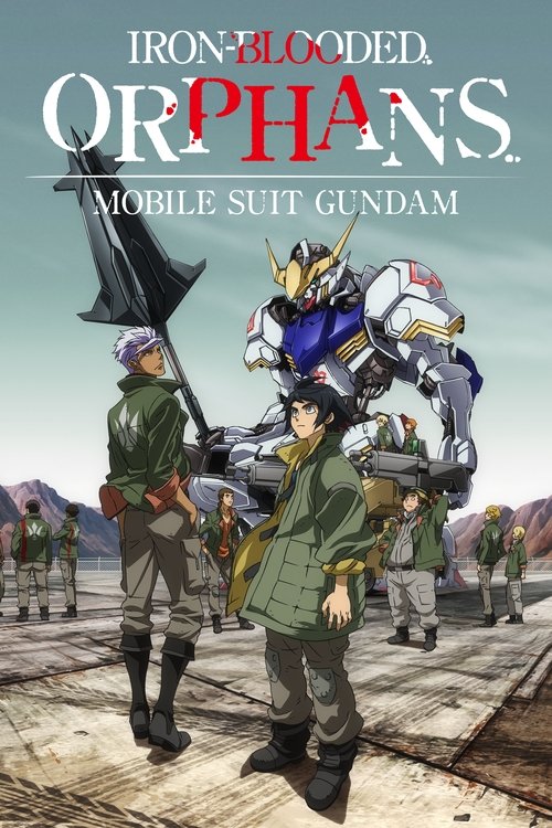 The poster features a group of soldiers in green uniforms standing on a wooden platform, with a large, imposing blue and white mobile suit dominating the center. The muted green and brown tones of the uniforms contrast with the bright blue of the robot, creating a dramatic and tense atmosphere. T...