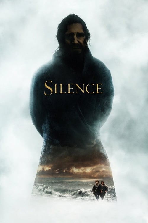 The poster features a shadowy figure with a beard, standing against a stormy sky. The word "SILENCE" is prominently displayed in gold letters. Below the figure, a distant landscape with a lone figure on a snowy hill adds depth. The overall mood is mysterious and ominous, evoking themes of isolati...