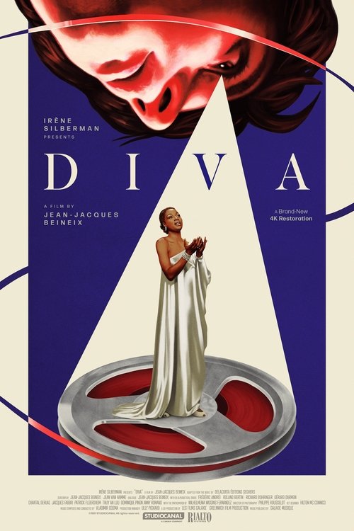 The poster features a woman in a white gown standing on a film reel, symbolizing her role as a Hollywood star. The background is dominated by deep blue and red hues, creating a dramatic and intense atmosphere. The title "DIVA" is prominently displayed in large, bold letters, emphasizing the film'...